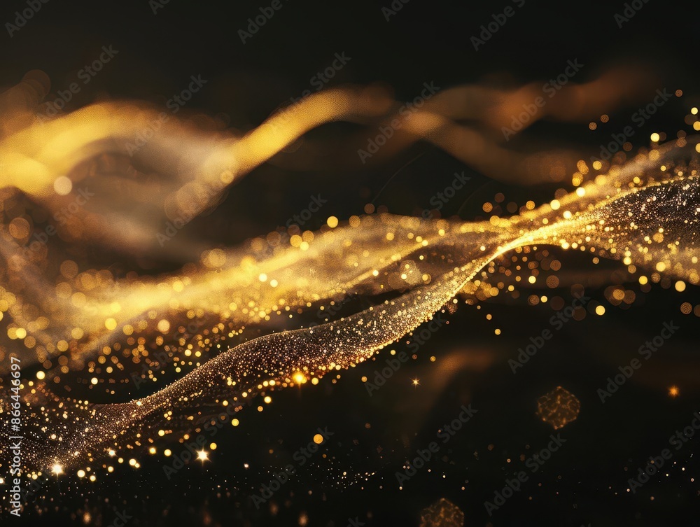 Poster elegant gold data stream flowing through darkness shimmering particles forming fluid waves and spira