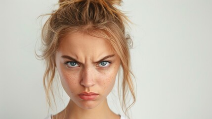 Portrait of young woman with angry, annoyed, furious expression looking at camera.  Concept of emotions, feelings, facial expressions, mood, mental health, and body language.