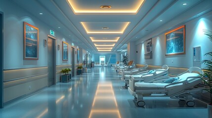 Modern Hospital Corridor with Empty Patient Beds and Ambient Lighting