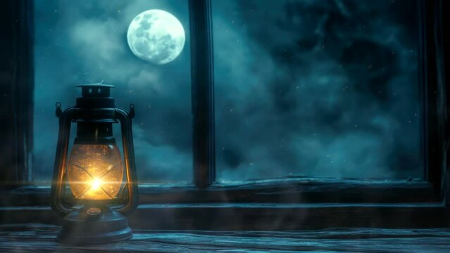 Lantern by window with full moon and clouds, serene loop video background