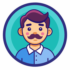 A cartoon character with a mustache inside a blue circle