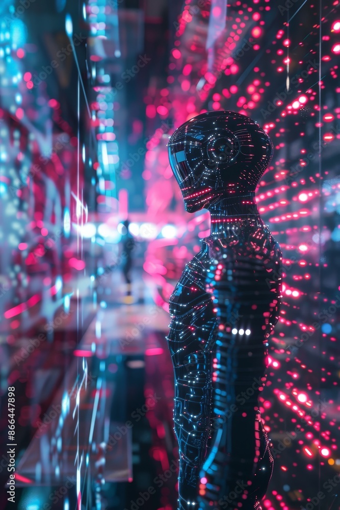 Poster a 3d-animated ai entity analyzing data streams in a virtual environment.