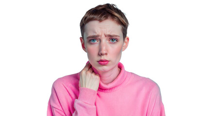 Person feeling nauseous holding neck, expressing discomfort on transparent background