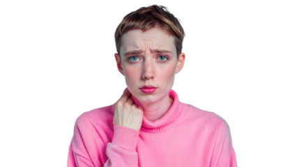 Person feeling nauseous holding neck, expressing discomfort on transparent background