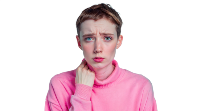 Person feeling nauseous holding neck, expressing discomfort on transparent background