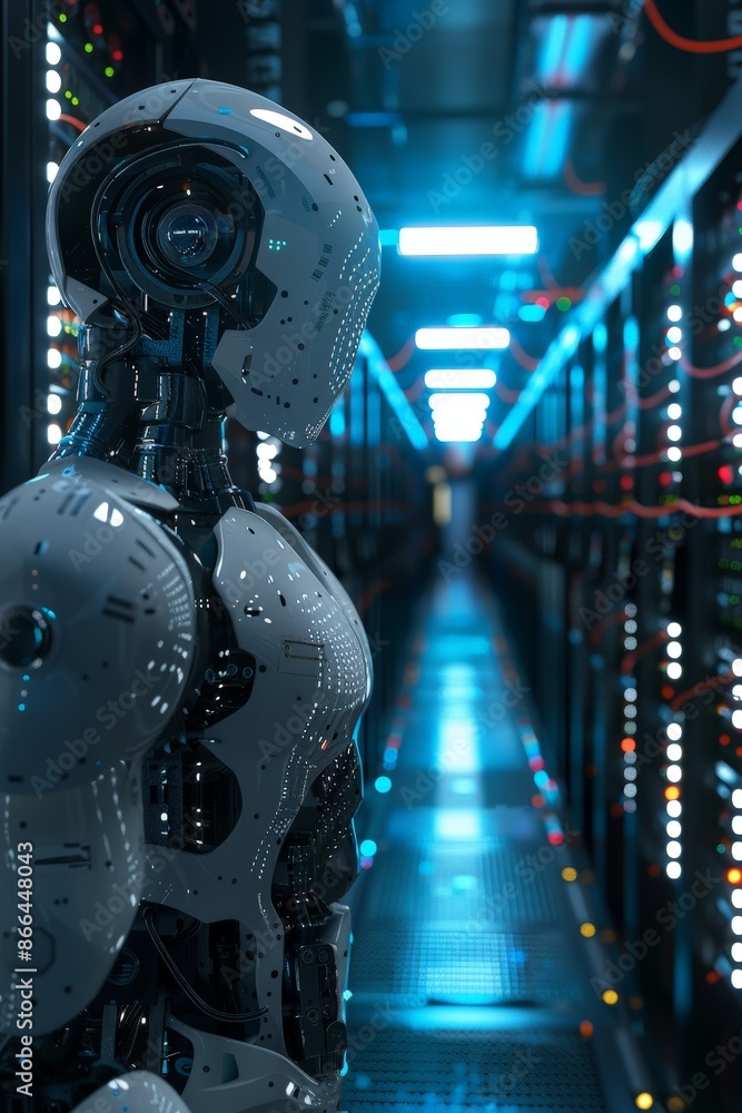 Poster a 3d-animated ai robot performing complex calculations in a futuristic data center.