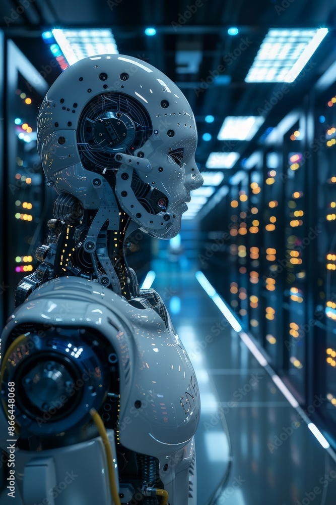 Poster a 3d-animated ai robot performing complex calculations in a futuristic data center.