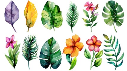 Fototapeta premium Vibrant Watercolor Leaf and Tropical Flower on White Background