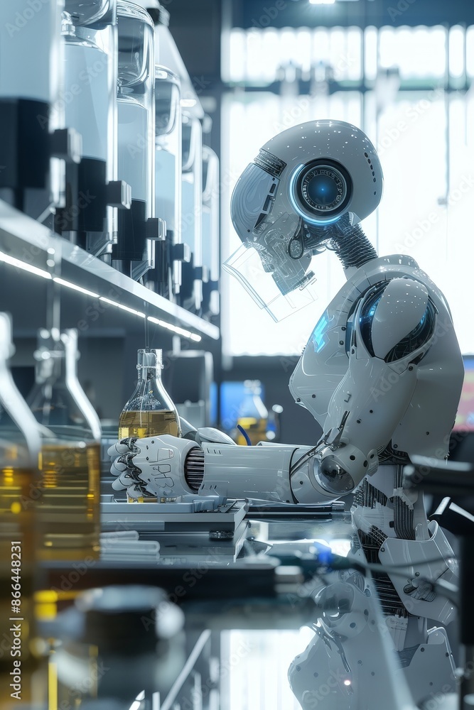 Poster a 3d-rendered ai assistant helping a scientist in a cutting-edge laboratory.