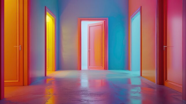 option opportunity choice career dilemma path room decision room a indoor choose door select Many lost chance colorful direction work decide alternative colorful door Concept doors right challenge.