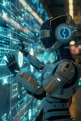 A 3D-rendered AI humanoid interacting with virtual reality interfaces.