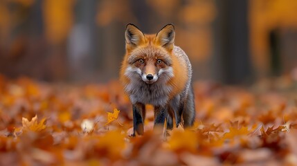 Red Fox Walking Through Autumn Forest with Fallen Leaves