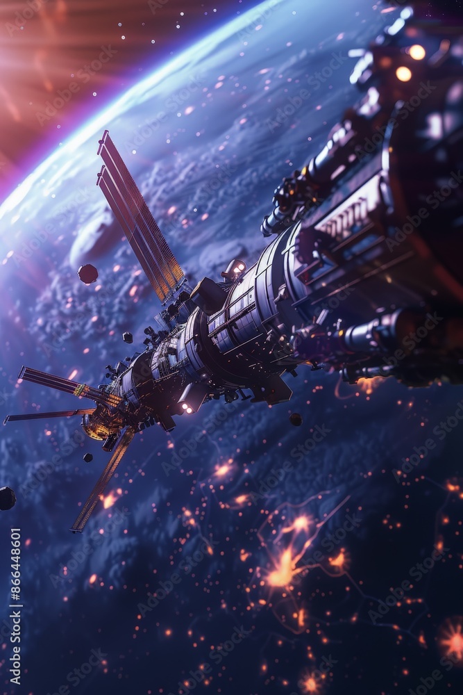 Poster a 3d-rendered space station orbiting a distant planet, with astronauts conducting spacewalks.