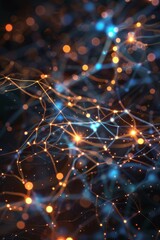A 3D depiction of an AI neural network visualized as a glowing, interconnected web.