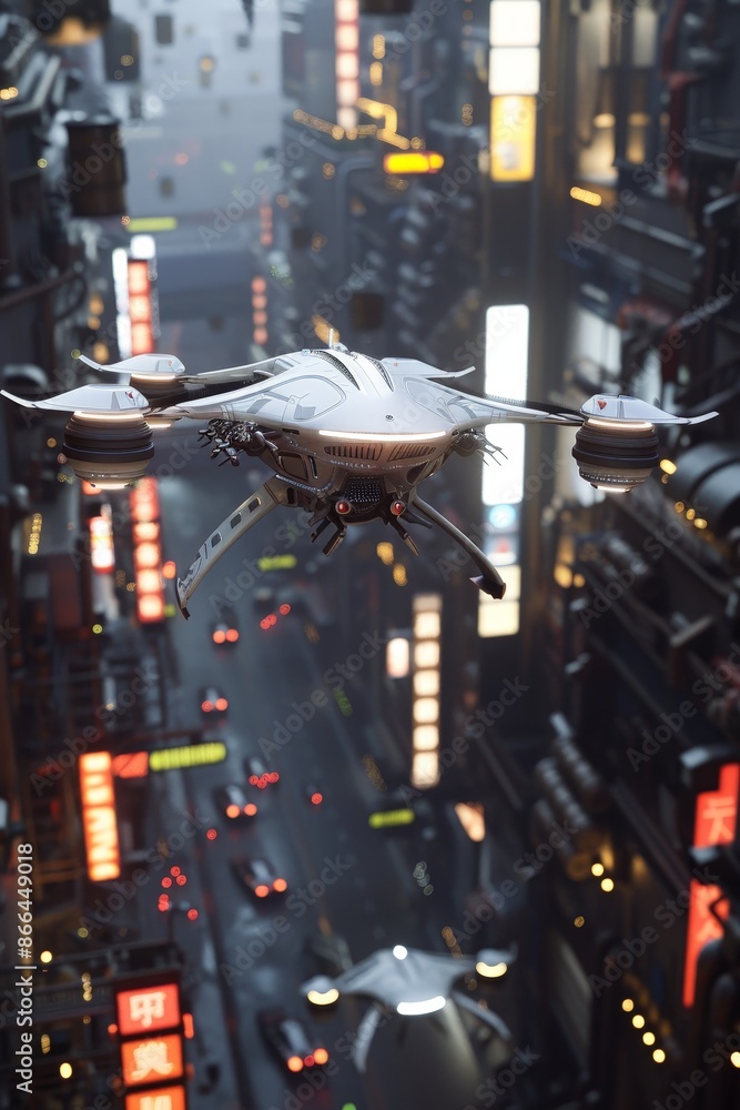Aufkleber a 3d model of an ai-powered drone soaring through a cyberpunk cityscape.