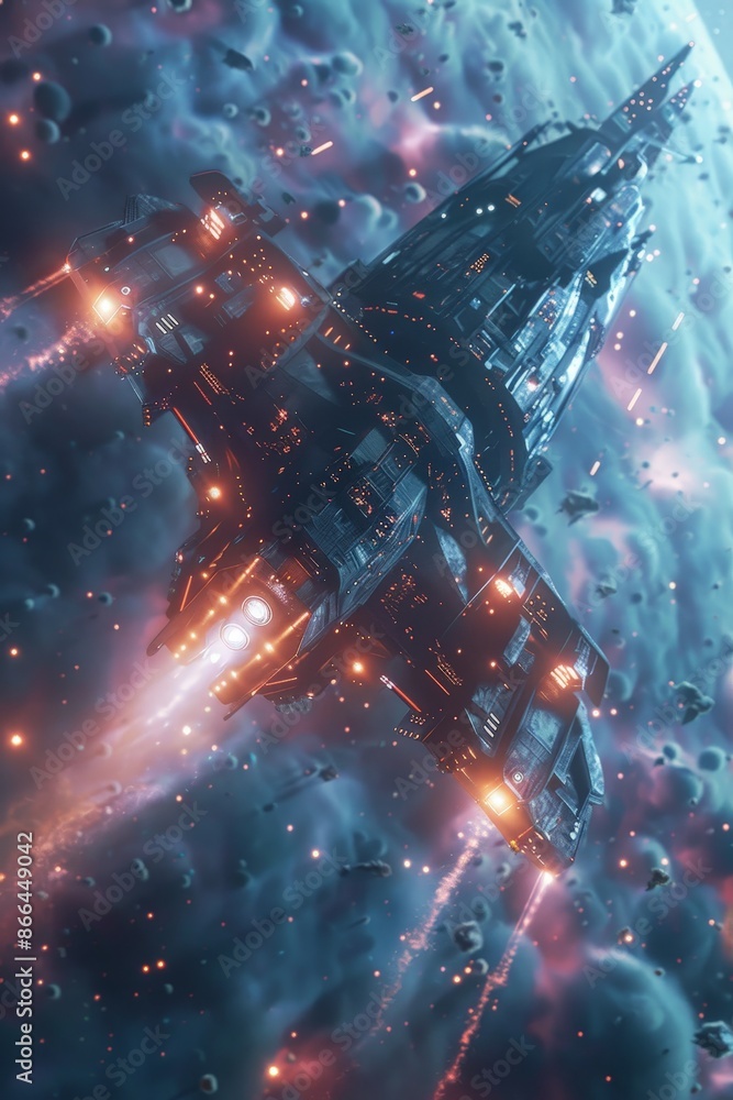 Poster a 3d model of an ai-driven spacecraft navigating through a vibrant, futuristic galaxy.