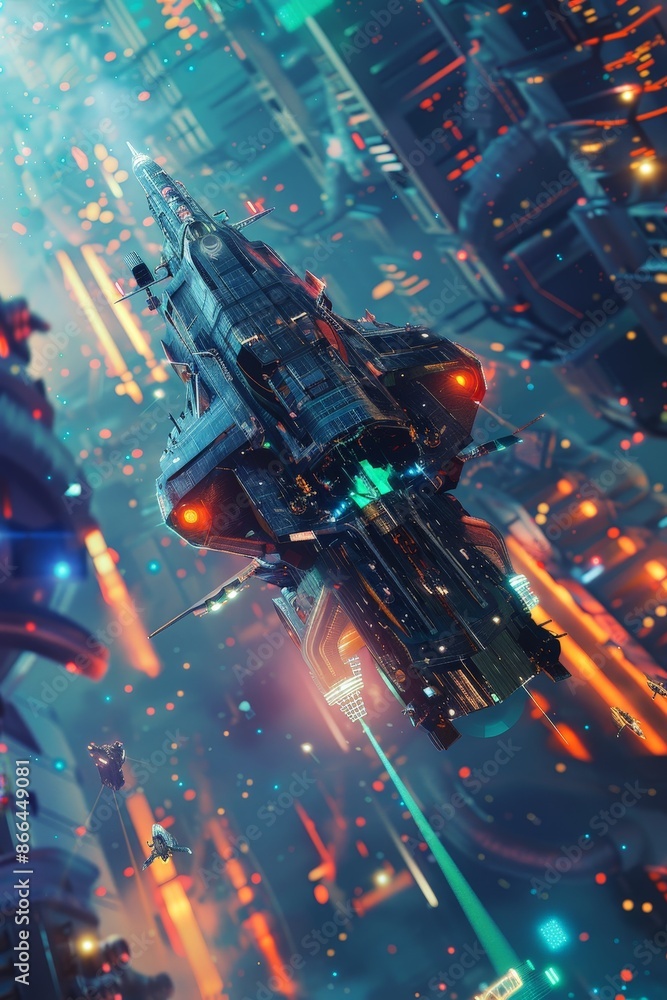 Poster a 3d model of an ai-driven spacecraft navigating through a vibrant, futuristic galaxy.
