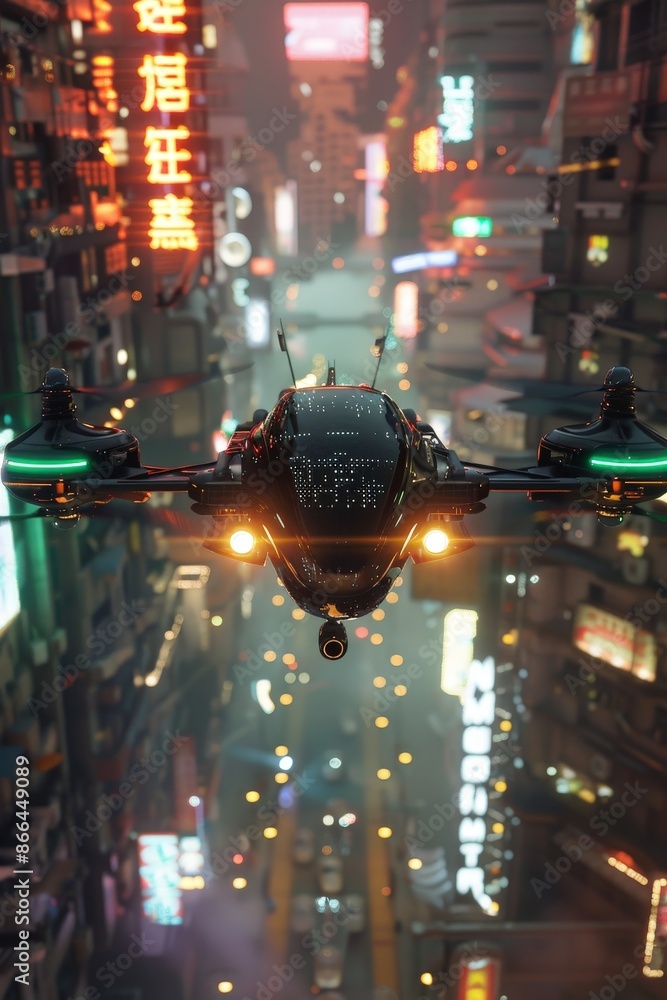 Poster a 3d model of an ai-powered drone soaring through a cyberpunk cityscape.