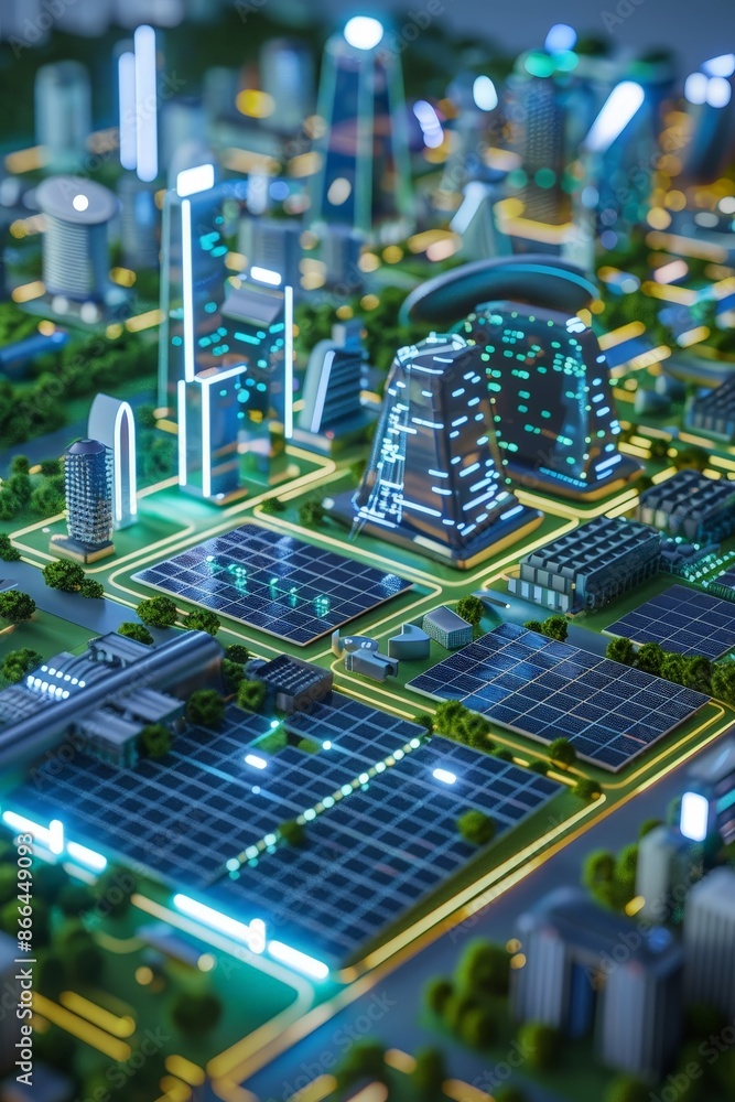Aufkleber a 3d model of an ai system optimizing renewable energy grids in a futuristic city.