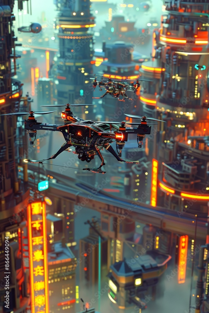 Poster a 3d model of an ai-powered drone soaring through a cyberpunk cityscape.