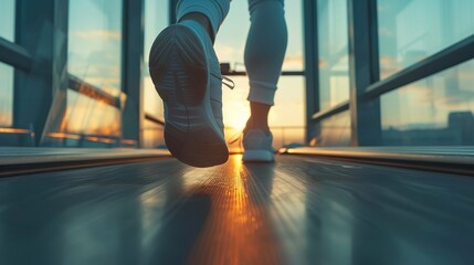 Close up of a man running on a treadmill with window light, from a low angle view. A man's legs in sport shoes walking at the gym during a morning sunrise, in the real photo.