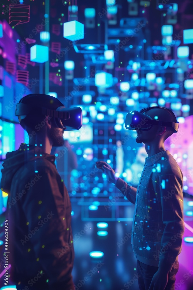 Poster a 3d scene of an ai companion helping a user in an immersive virtual reality game.