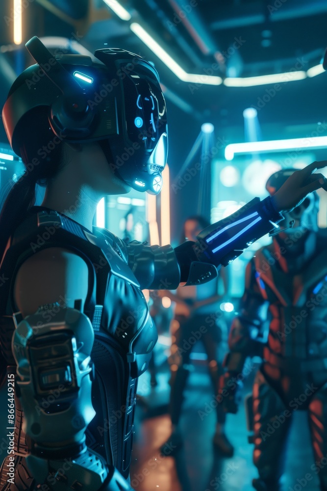 Poster a 3d scene of an ai companion helping a user in an immersive virtual reality game.