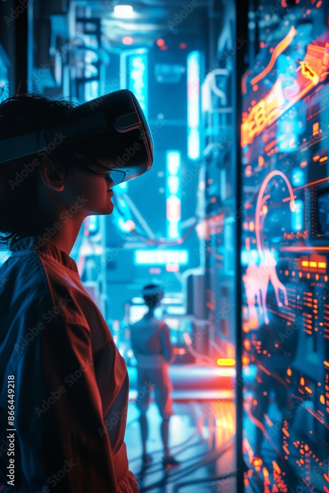 Poster a 3d scene of an ai companion helping a user in an immersive virtual reality game.