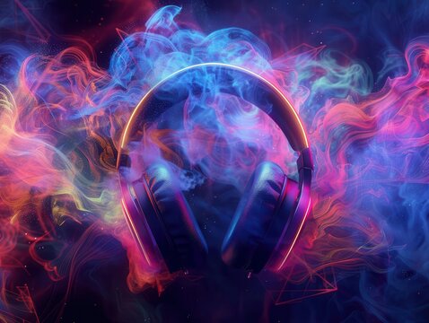 ethereal headphones emitting colorful sound waves surrounded by swirling neon mist and pulsating geometric shapes in a cosmic void