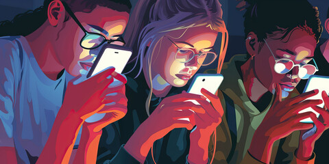 Technology Addiction: A series of images showing individuals engrossed in their devices, highlighting the issue of excessive screen time