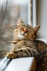 A cat with a mischievous human grin lounges on a windowsill, plotting its next playful adventure.