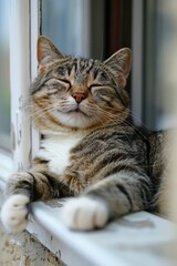 Naklejka premium A cat with a mischievous human grin lounges on a windowsill, plotting its next playful adventure.