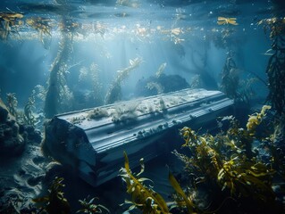 ethereal underwater memorial scene with a submerged wooden coffin surrounded by bioluminescent sea creatures and flowing seaweed haunting beauty and deep emotions conveyed