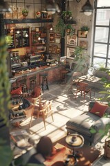A cozy 3D coffee shop with inviting decor, steaming cups of coffee, and customers enjoying their drinks.