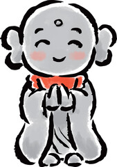 手を合わせる笑顔のお地蔵さん　筆タッチ手描きイラスト