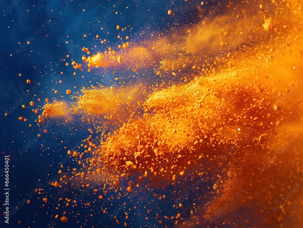 Poster explosive cloud of vibrant orange holi powder against a deep blue background dynamic motion particle