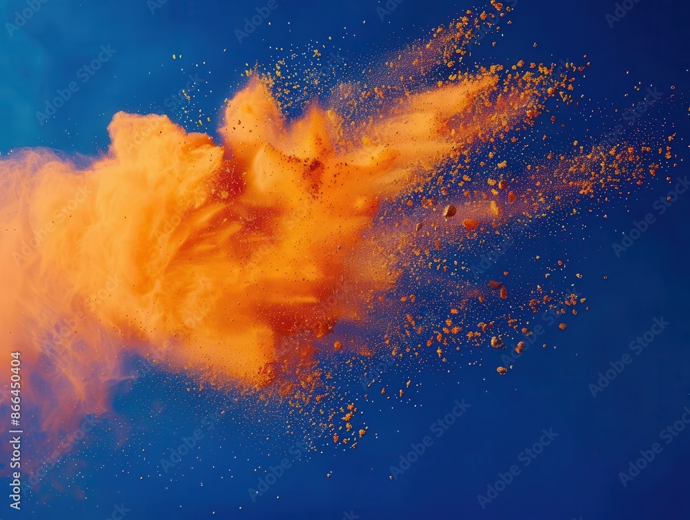 Poster explosive cloud of vibrant orange holi powder against a deep blue background dynamic motion particle