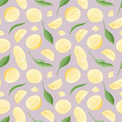 Watercolor lemons slices with green leaves seamless pattern on pastel purple background. Hand drawn cut citrus fruits for lemonade packaging, vitamin C products on light violet