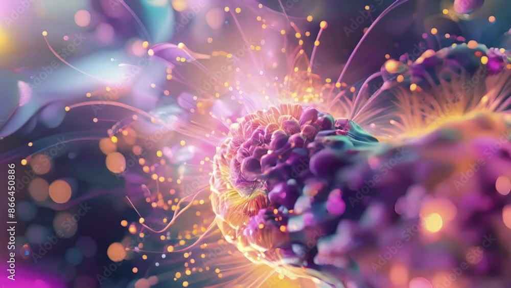 Poster an artistic rendering of a brain undergoing neurogenesis with bursts of colorful lights representing