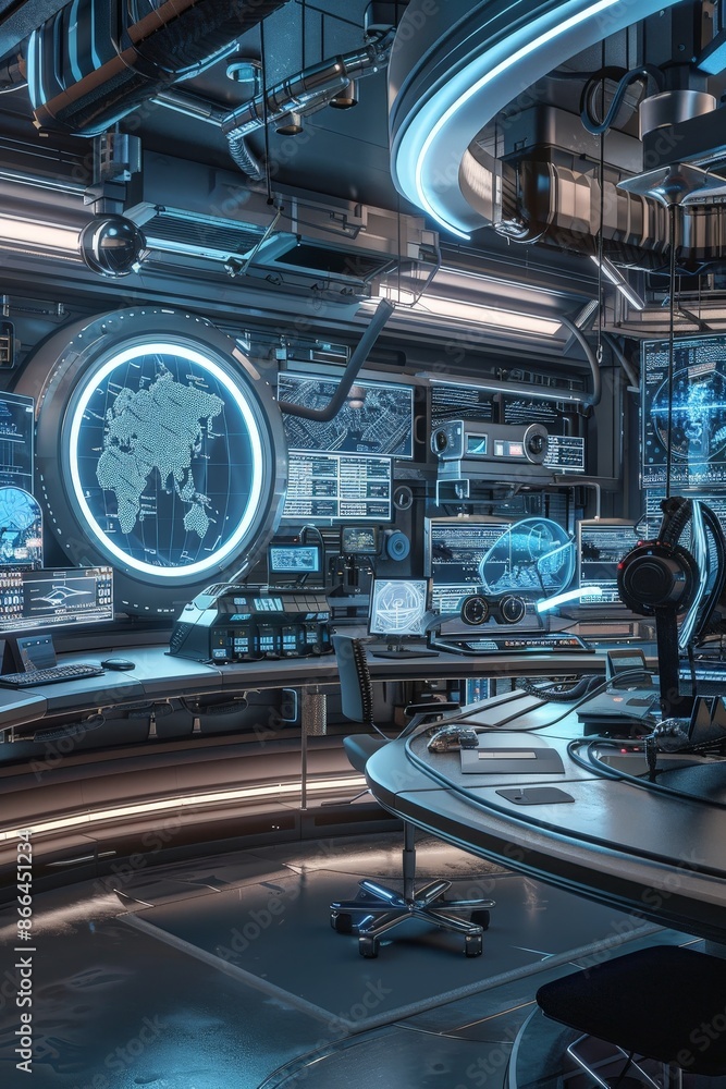 Poster A futuristic AI research lab, modeled in 3D with advanced equipment and holograms.