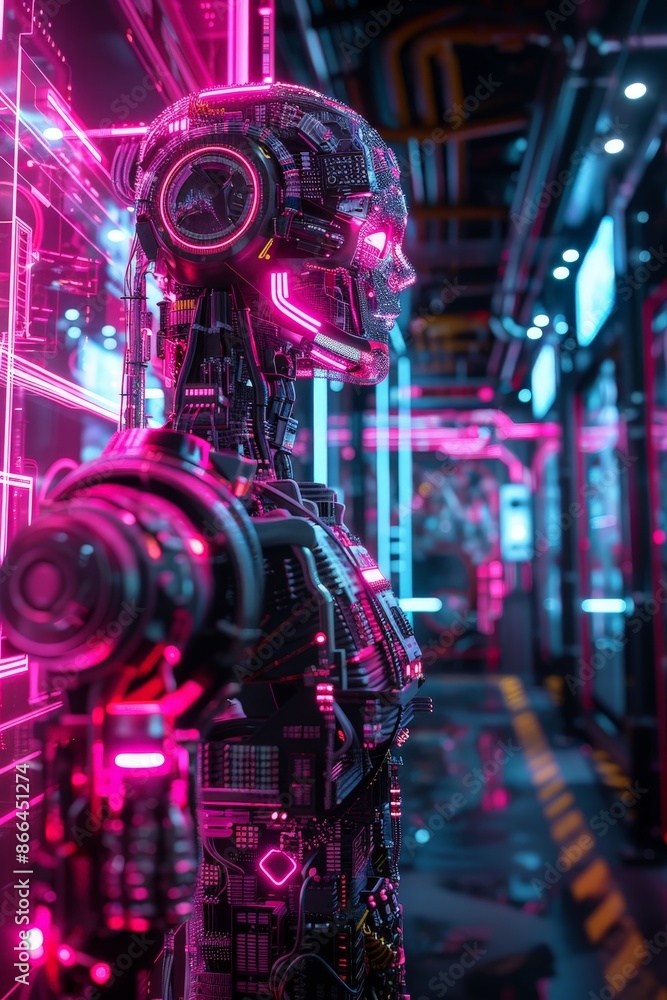 Poster a futuristic ai robot with intricate 3d circuitry glowing in a neon-lit lab.