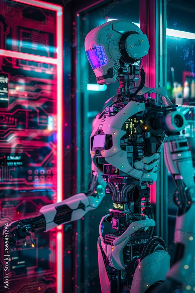 Poster a futuristic ai robot with intricate 3d circuitry glowing in a neon-lit lab.