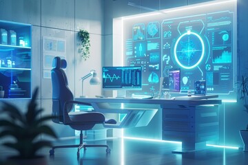 A futuristic digital doctor's office with virtual consultations, AI diagnostics, and holographic health records.