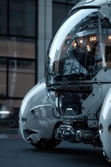 A futuristic vehicle controlled by AI, modeled in high-detail 3D with transparent panels.