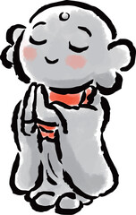 空に向かって手を合わせるお地蔵さん　筆タッチ手描きイラスト