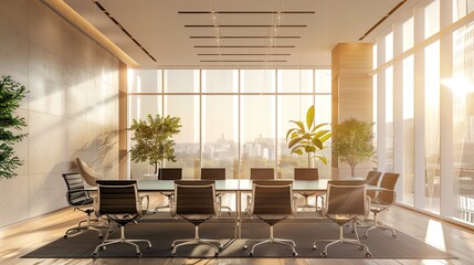 Entrepreneurs and financiers in modern meeting room discussing plans natural light from windows side view photo realistic