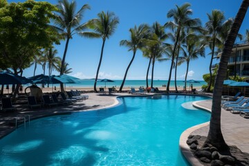 Experience the ultimate relaxation at our stunning swimming pool surrounded by lush palm trees and direct beach access in a tropical paradise. Immerse yourself in luxury and enjoy the warm sun