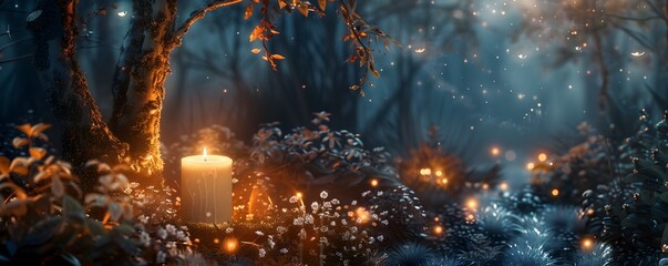 Glowing Candle in Enchanted Mystical Forest Landscape