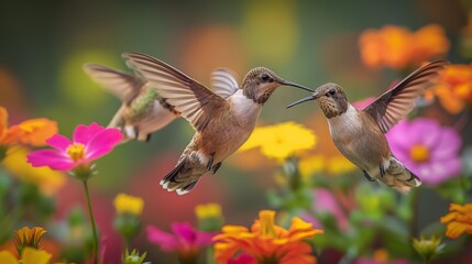Obraz premium Two Hummingbirds in Flight Among Colorful Flowers in a Vibrant Garden