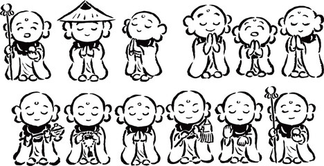 お地蔵さん　筆タッチ手描きイラスト　単色線画セット